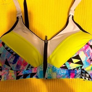 Victoria's Secret Neon Yellow & Multicolor Front-Zip Sports Bra